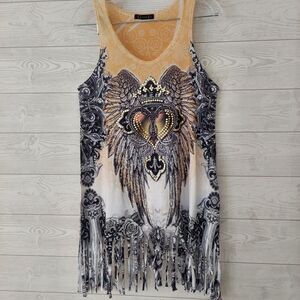 Embellished Wing Graphic Tank Top Tunic Medium Fringe Biker Angel